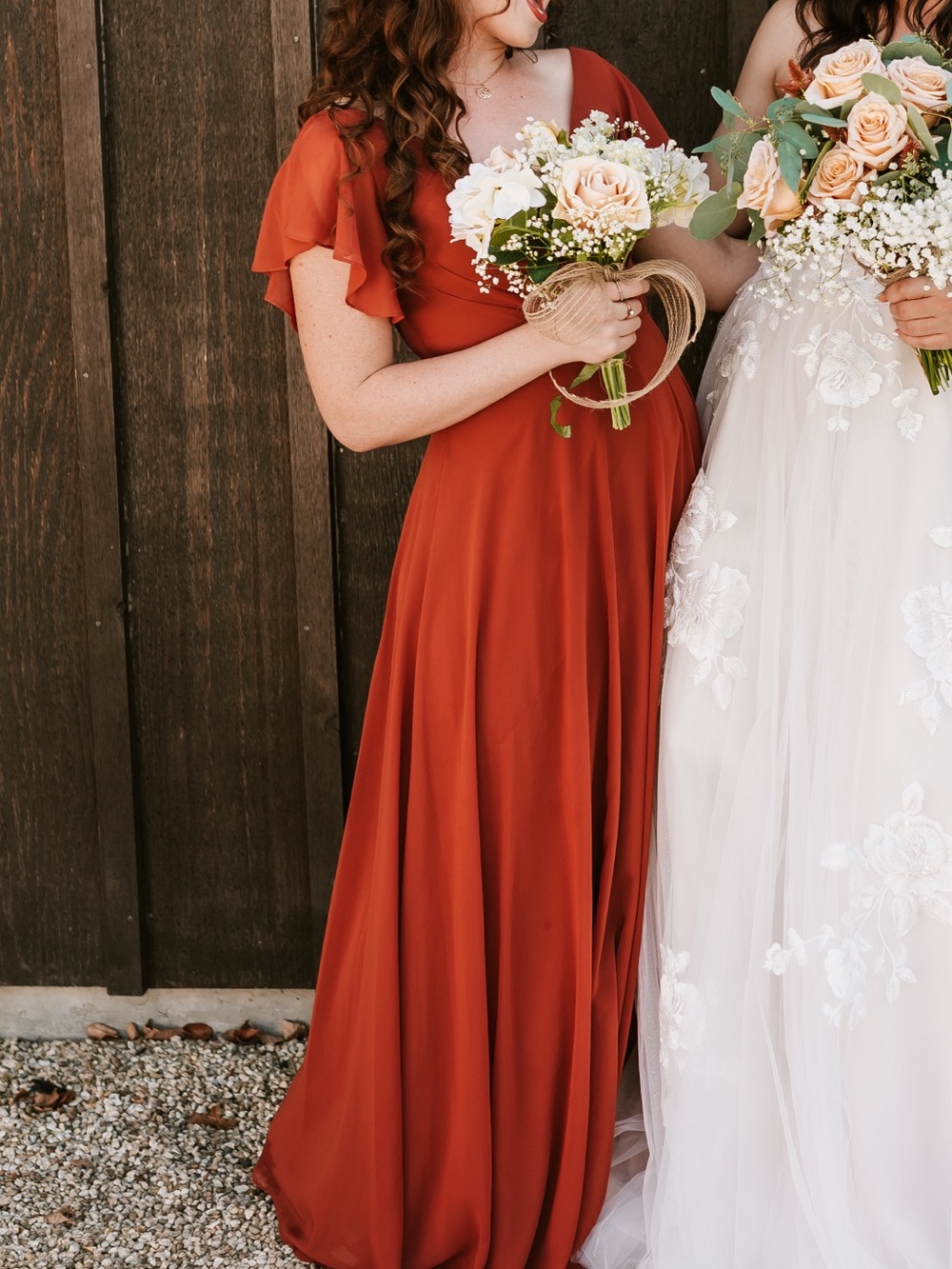 David's Bridal Rust Red Flutter Sleeve Maxi Dress
